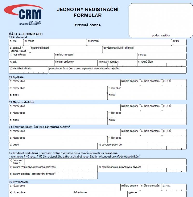 jednotný registrační formulář